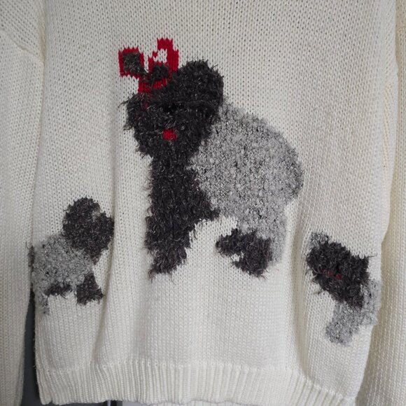Vintage 90s Dog Sweater Fuzzy Knit Crewneck Medium White Red Poodle Holiday - Picture 2 of 8